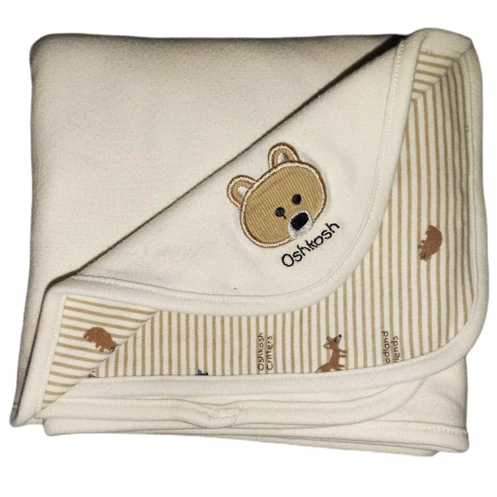 Oshkosh Critters‎ Woodland Friends Cotton Bear Blanket Beige Brown Stripe Baby
